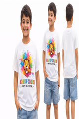 Three children wearing white t-shirts with a colorful design and text, standing in front of a white background.