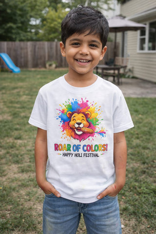 Child wearing a white t-shirt with a colorful lion graphic and text, standing in a backyard.