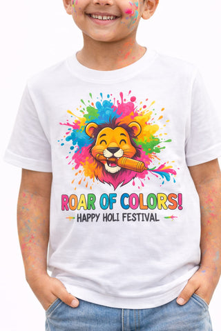 Child wearing a white t-shirt with a colorful lion graphic and 'Roar of Colors! Happy Holi Festival' text.