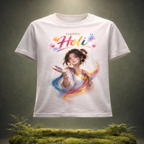 White t-shirt with a colorful design of a girl and 'Happy Holi' text on a dark background.