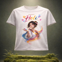 White t-shirt with a colorful design of a girl and 'Happy Holi' text on a dark background.